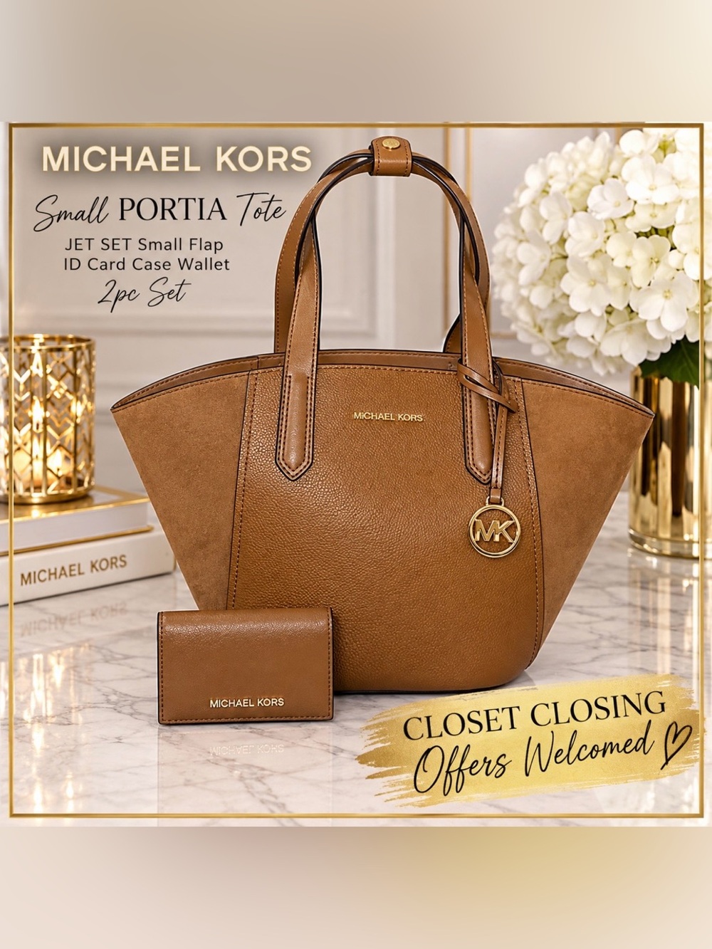 Michael Kors Small PORTIA Tote/JET SET Small Flap ID Card Case Wallet 2pc